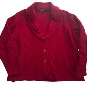 Harve Benard Red 100% Wool Cardigan Sweater Women Size 3X Button Front Floral
